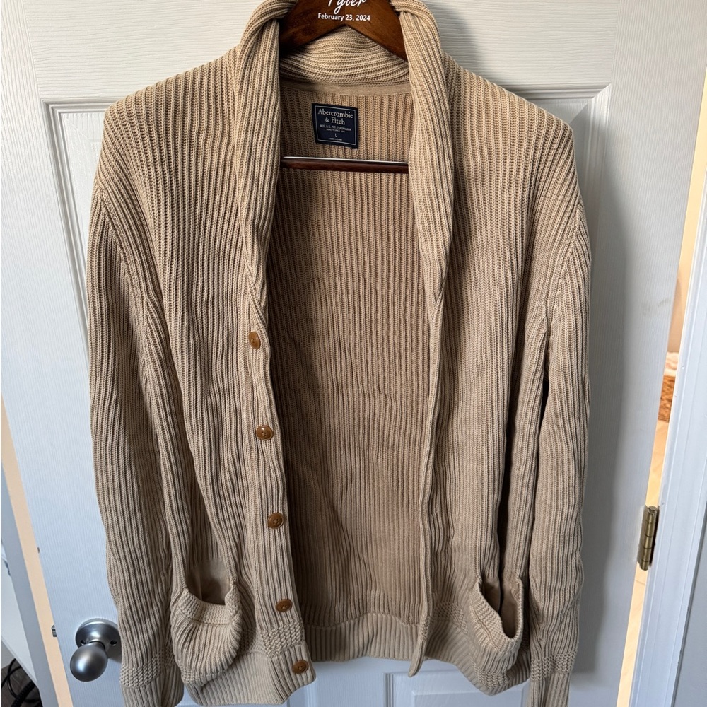 Abercrombie & Fitch Men’s Ripped Cardigan - Size Large - Tan, 100% Cotton